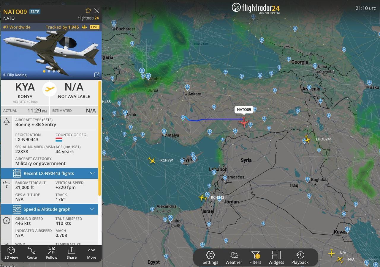 A screengrab from the live flight tracker Flightradar24 shows a NATO E-3B Sentry AWACS plane over Türkiye on Feb 25, 2026. (Photo via Flightradar24)