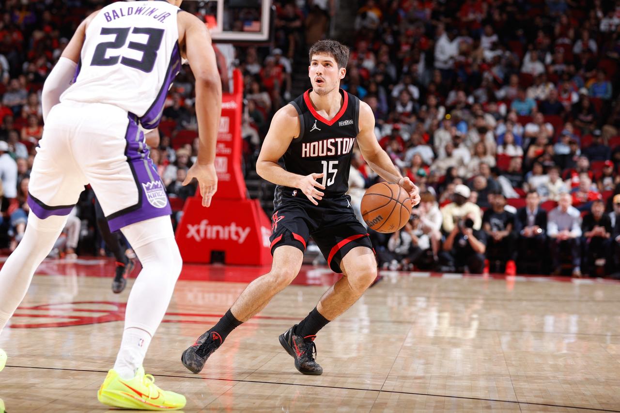 Reed Sheppard #15 of the Houston Rockets drives to the basket during the game against the Sacramento Kings at the Toyota Center in Houston, Texas, February 25, 2026. (AFP Photo)
