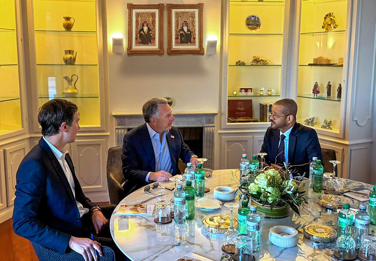 US special envoy Steve Witkoff (C) and Jared Kushner hold a meeting with Oman’s Foreign Minister Badr Albusaidi (R) in Geneva, Switzerland on February 26, 2026. (Photo by Omani Foreign Ministry/AFP)