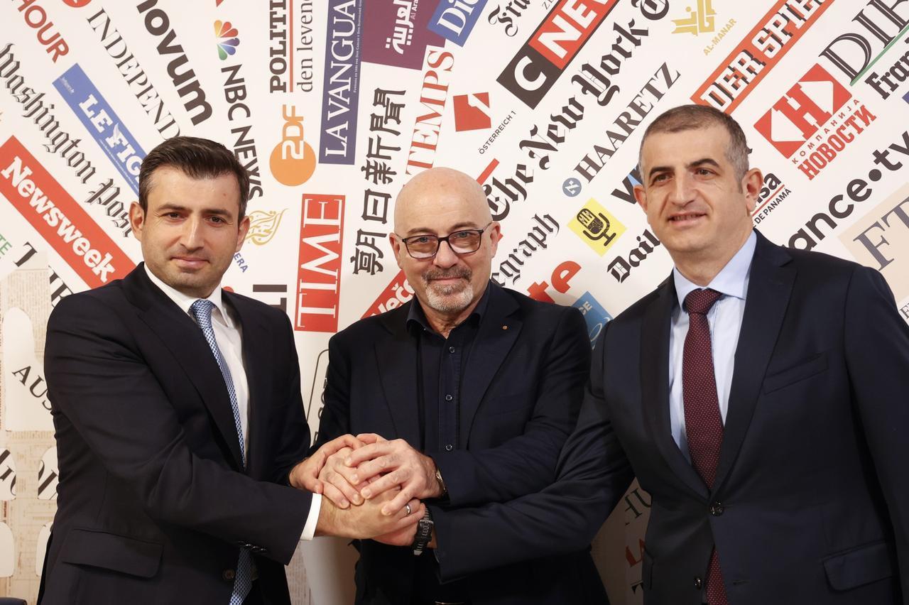 Baykar's Chairman Selcuk Bayraktar (L), Leonardo's CEO Roberto Cingolani (C) and Baykar's CEO Haluk Bayraktar (R) attend press conference at the Italian Foreign Press Association headquarters in Rome, Italy on March 6, 2025. (AA Photo)