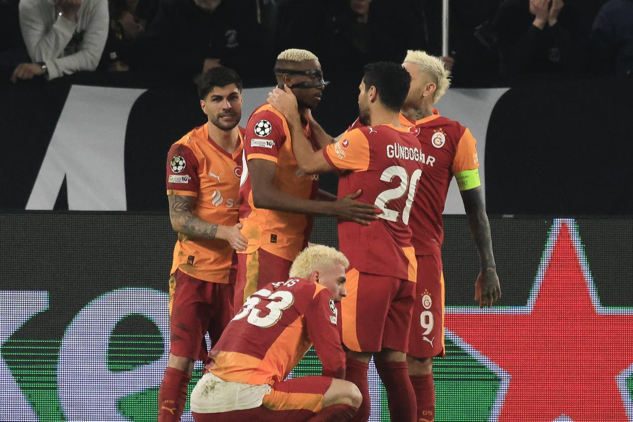 Victor Osimhen, of Galatasaray, celebrates with his teammates after scoring during the UEFA Champions League round of 16 play-off second leg match between Juventus and Galatasaray at the Juventus Stadium in Turin, Italy, on Feb. 25, 2026. (AA Photo)