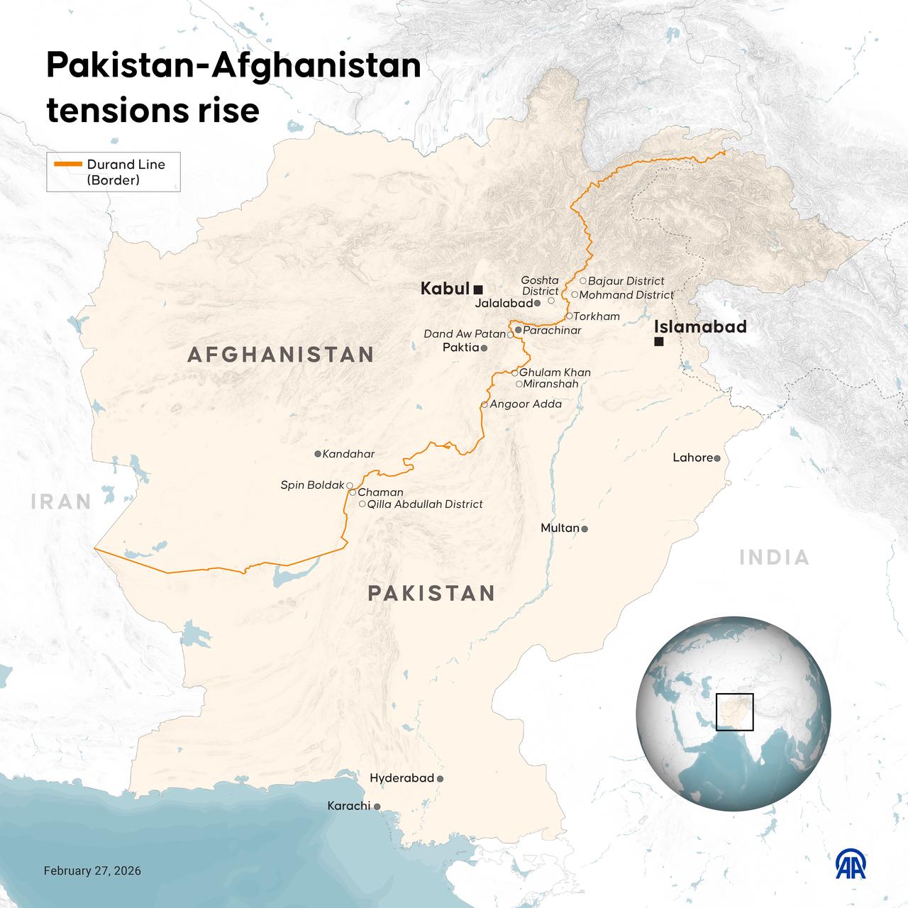 An infographic titled "Pakistan-Afghanistan tensions rise" was created in Ankara, Türkiye, on February 27, 2026. (AA Infographic)