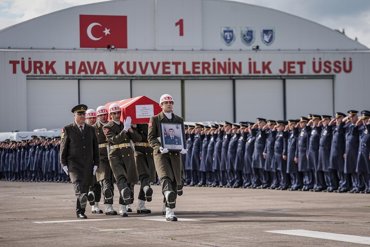 A military ceremony was held at the 9th Main Jet Base Command in Balikesir for Air Pilot Major Ibrahim Bolat, who lost his life as a result of the crash of an F-16 aircraft, Feb. 25, 2026. (AA Photo)