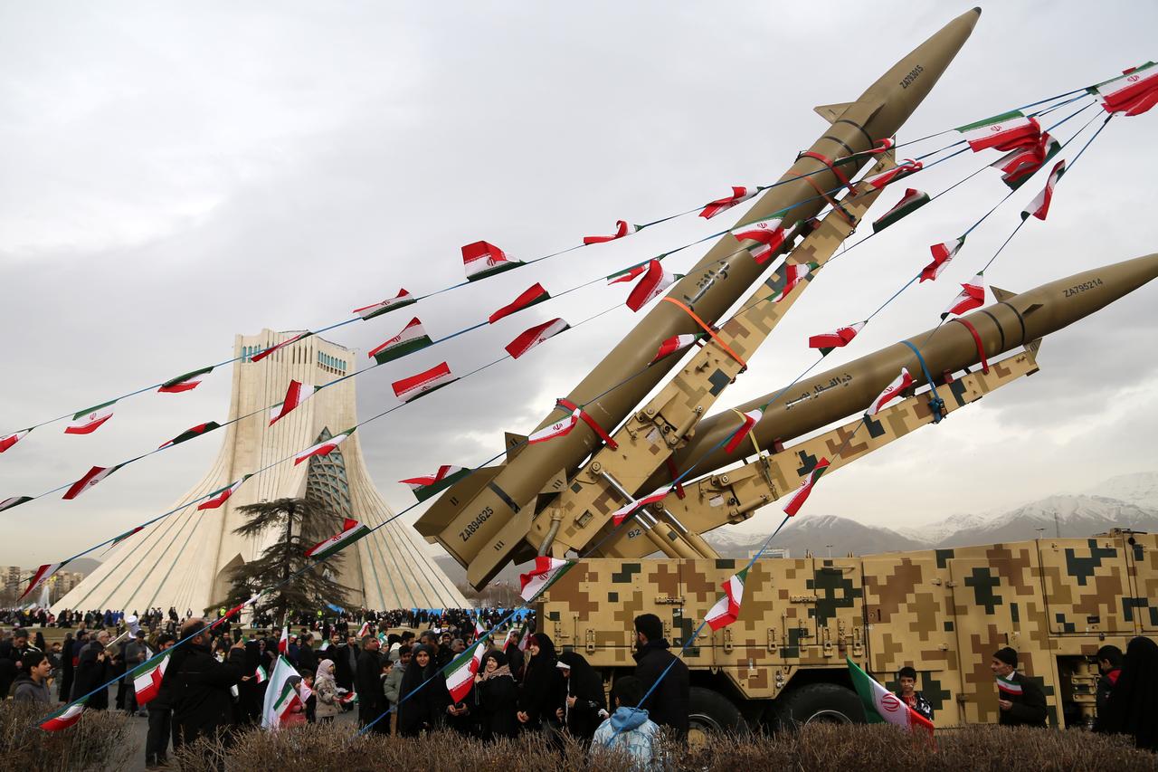 Missiles produced by Iran are displayed during celebrations, as hundreds of citizens gather at Tehran’s Azadi Square in Tehran, Iran, February 11, 2026. (AA Photo)