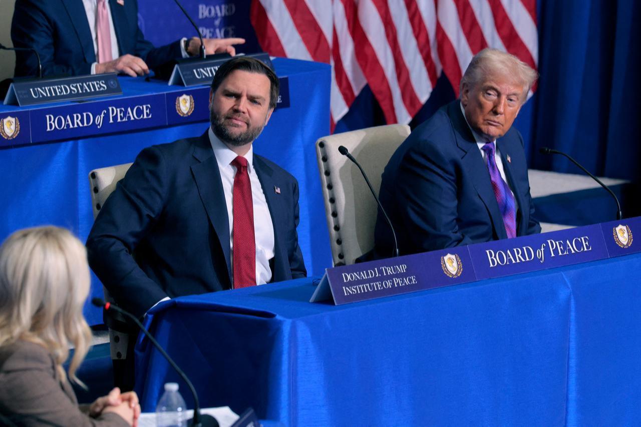 US Vice President JD Vance (L) and US President Donald Trump attend the inaugural meeting of Board of Peace at Donald J. Trump Institute of Peace, Feb. 19, 2026 in Washington, DC. (AFP Photo)