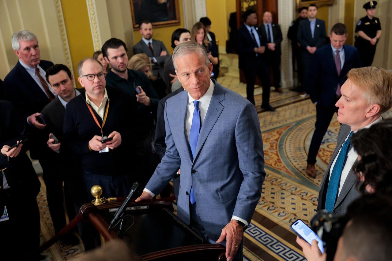 Senate Majority Leader John Thune (R-SD) speaks with reporters after Senate luncheons on February 25, 2026, at the U.S. Capitol in Washington, DC. (AFP Photo)