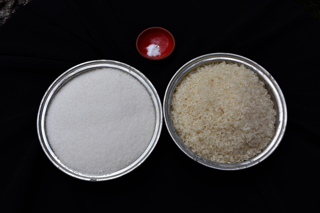 Ingredients including rice, sugar and salt are displayed before the preparation of Hamsikoy sutlac in Trabzon, Türkiye, Feb. 26, 2026. (AA Photo)