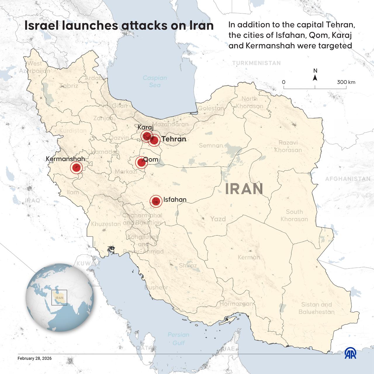 An infographic titled "Israel launches attacks on Iran" created in Ankara, Türkiye on February 28, 2026. (AA Graphics)