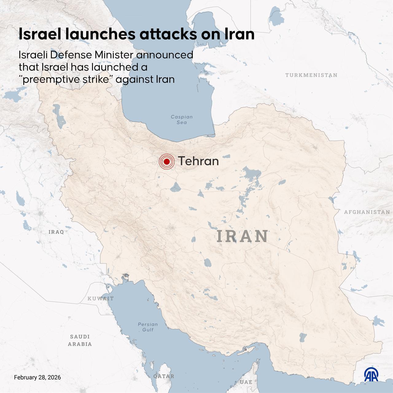 An infographic titled "Israel launches attacks on Iran" was created in Ankara, Türkiye, on February 28, 2026. (AA Infographic)