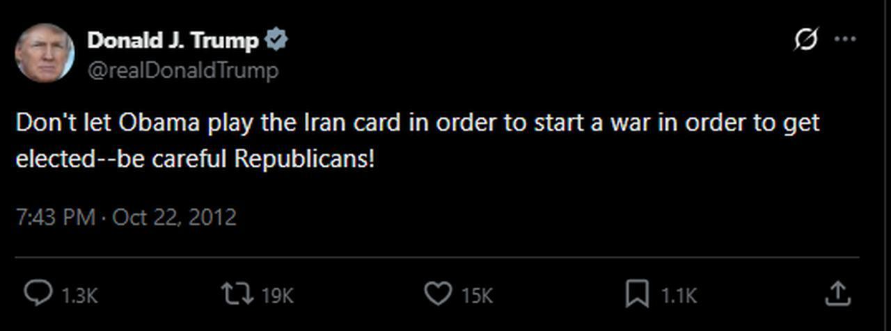 Screenshot of Donald Trump’s Oct. 22, 2012 tweet warning Republicans against letting Barack Obama “play the Iran card” to start a war ahead of re-election. (Image via X)