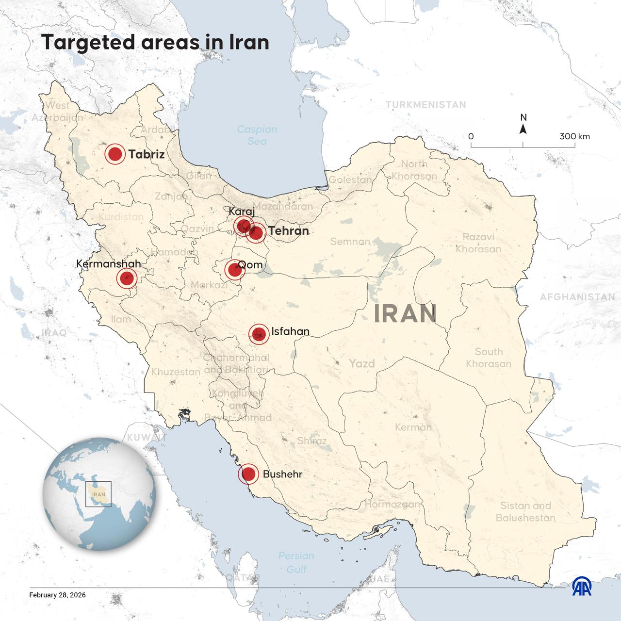 An infographic titled "Targeted areas in Iran" created in Ankara, Türkiye on February 28, 2026. (AA Graphics)
