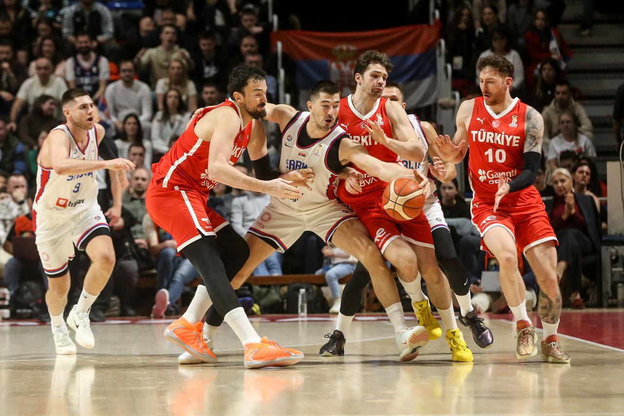 Onuralp Bitim (5) of Türkiye in action during the 2027 World Cup European Qualifiers Group C third match between Serbia and Türkiye at the Aleksandar Nikolic Sports Hall in Belgrade, Serbia, Feb. 27, 2026. (AA Photo)