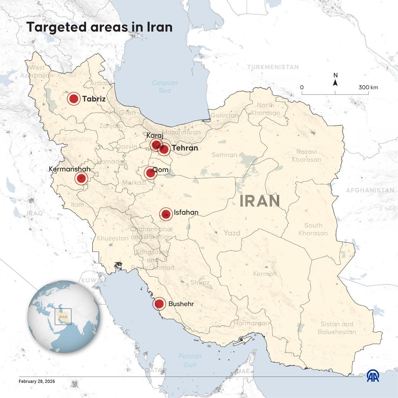 An infographic titled "Targeted areas in Iran" was created in Ankara, Türkiye, on February 28, 2026. (AA Infographic)