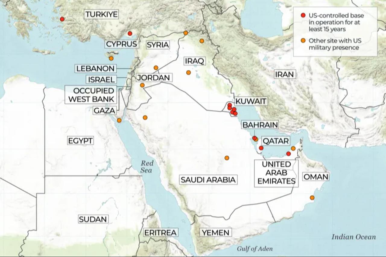 Map showing US military bases and military presence across the Middle East. (Image via Al Jazeera)
