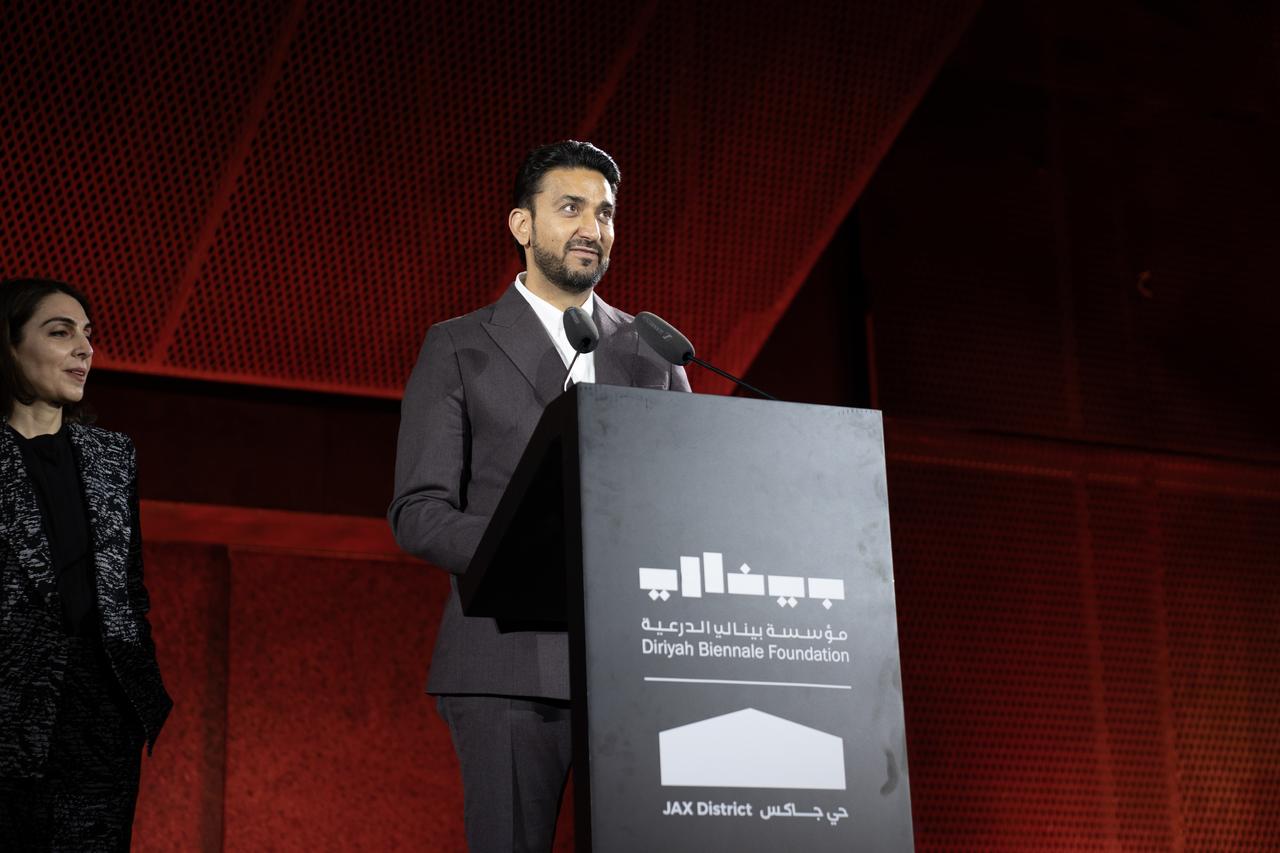 Art Director Sabih Ahmed speaks during the "Diriyah Contemporary Art Biennale," organized for the third time this year by the Diriyah Biennale Foundation under the leadership of the Saudi Ministry of Culture, in Riyadh’s JAX District in Saudi Arabia, Jan. 30, 2026. (AA Photo)