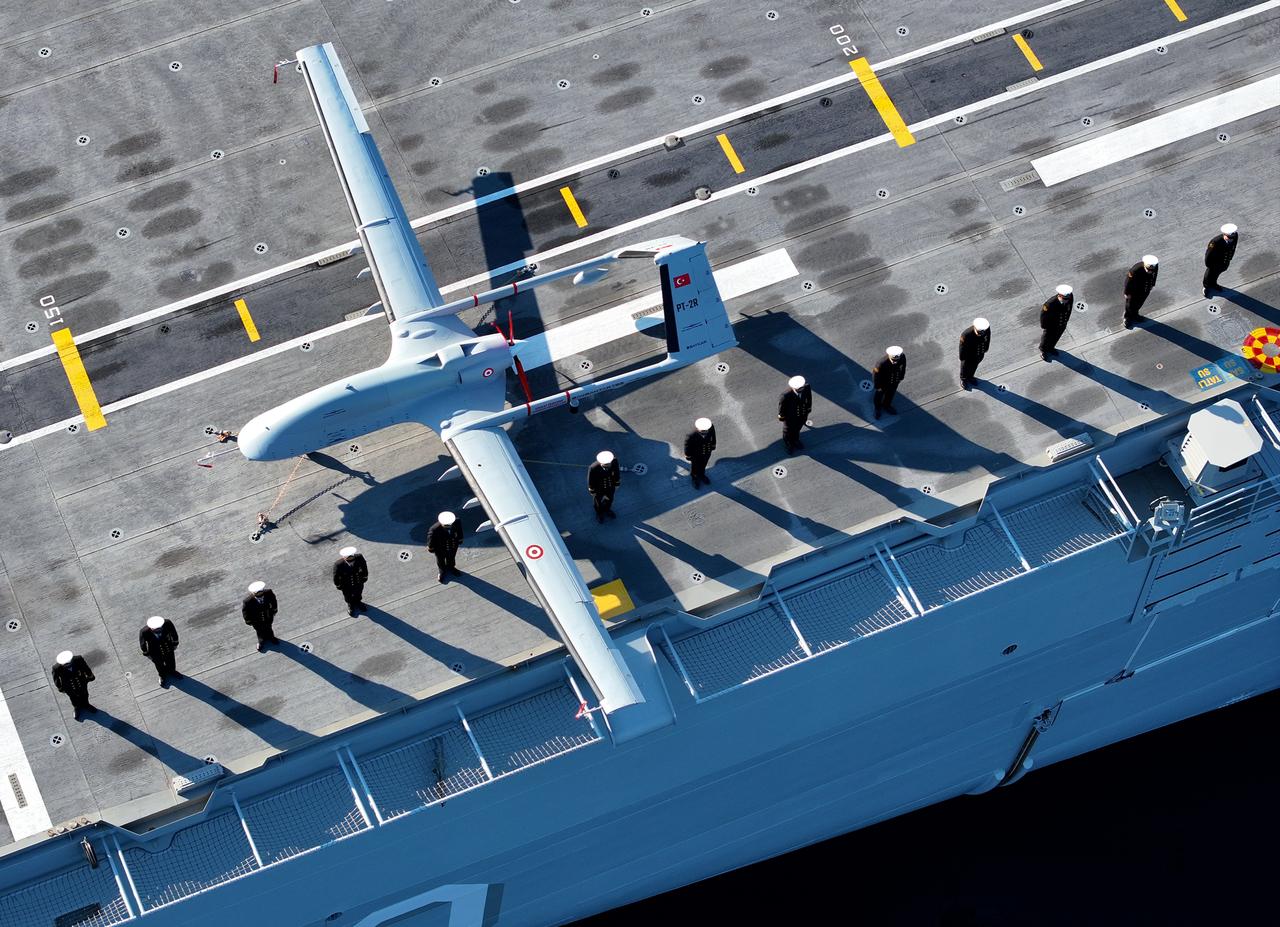 Bayraktar's Baykar TB3 UCAV at the Anatolian Turkish Maritime Task Force during a ceremony held in Foca, Izmir, January 20, 2026. (AA Photo)