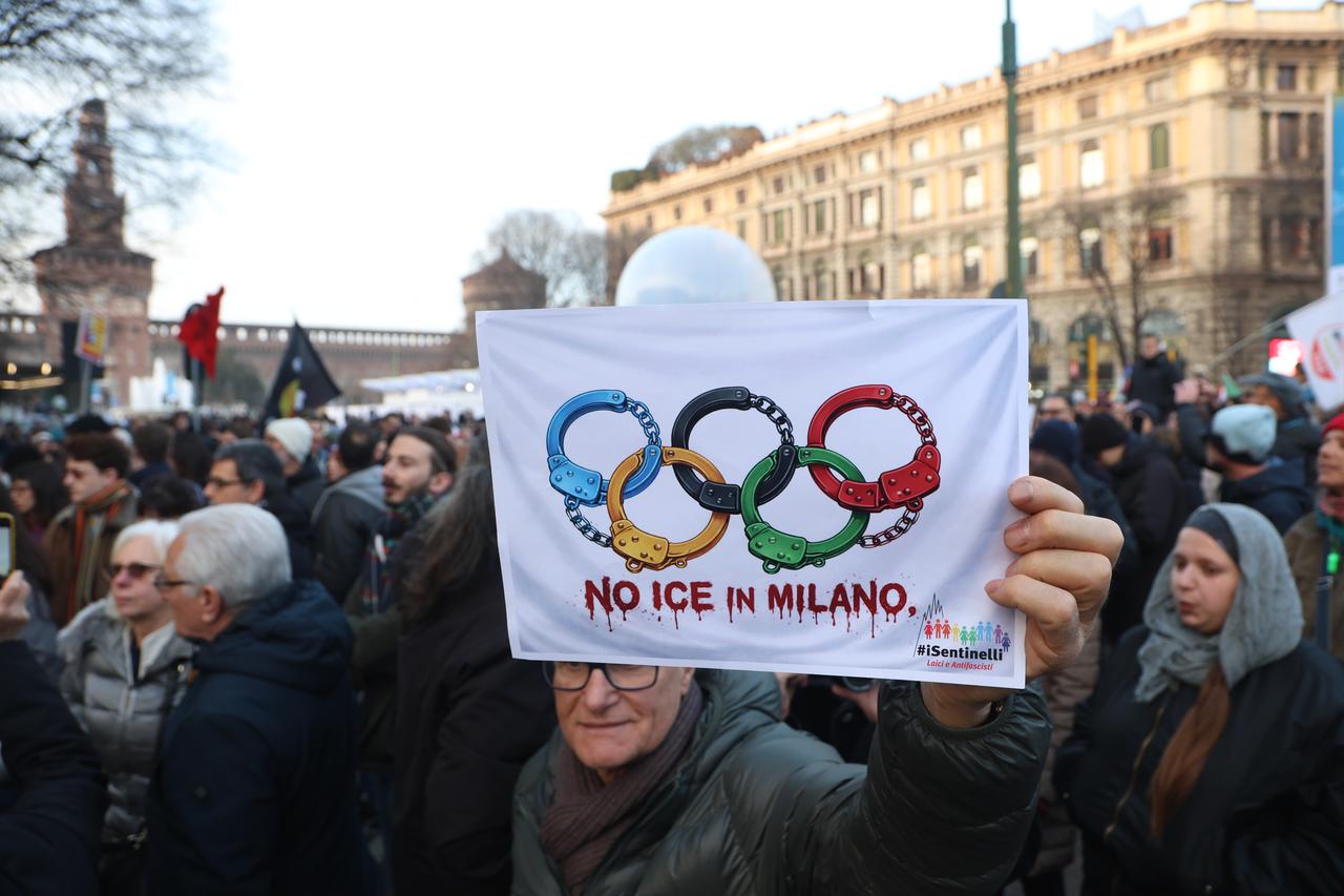 Thousands of demonstrators march to protest against the presence of US Immigration and Customs Enforcement (ICE) agents in Milan, Italy, Jan. 31, 2026. (AA Photo)