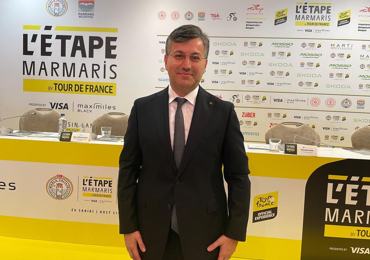 Omer Kafkas, Race Director of L’Etape Türkiye by Tour de France and General Manager of 78 Event, makes statements to Türkiye Today at the Marmaris launch event. (Photo by Koray Erdogan/Türkiye Today)
