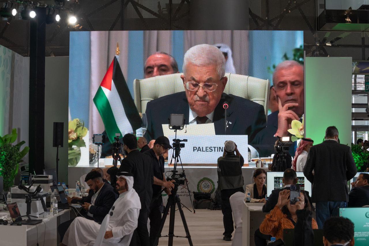 President of Palestine Mahmoud Abbas makes a speech during the Organisation of Islamic Cooperation - Arab League Extraordinary Summit , September 15, 2025 in Doha, Qatar. (AA Photo )