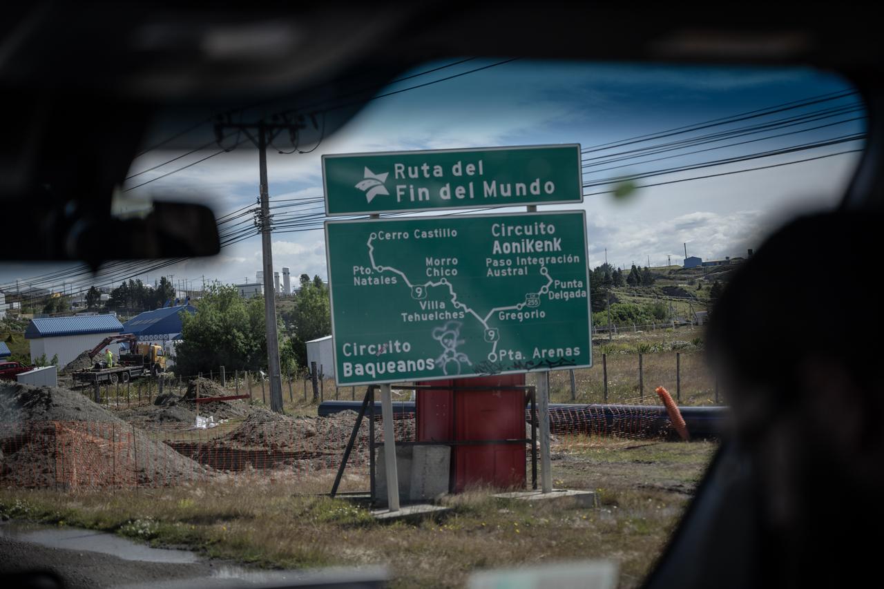A road sign reading “Ruta del Fin del Mundo” stands along the route in Punta Arenas, Chile, January 26, 2026. (AA Photo)