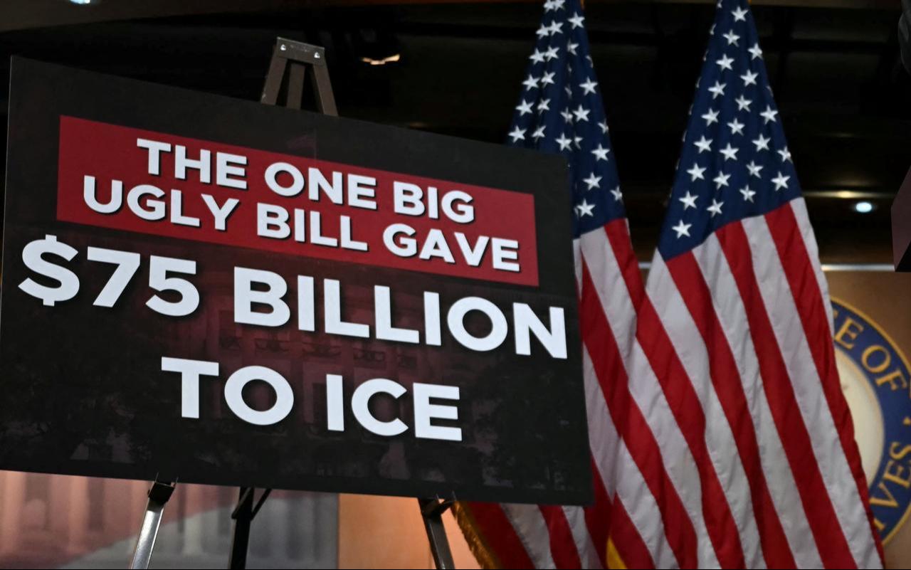 A placard criticizing government spending reads, "The one big ugly bill gave $75 billion to ICE," at a press conference at the U.S. Capitol in Washington, D.C., February 2, 2026. (AFP Photo)
