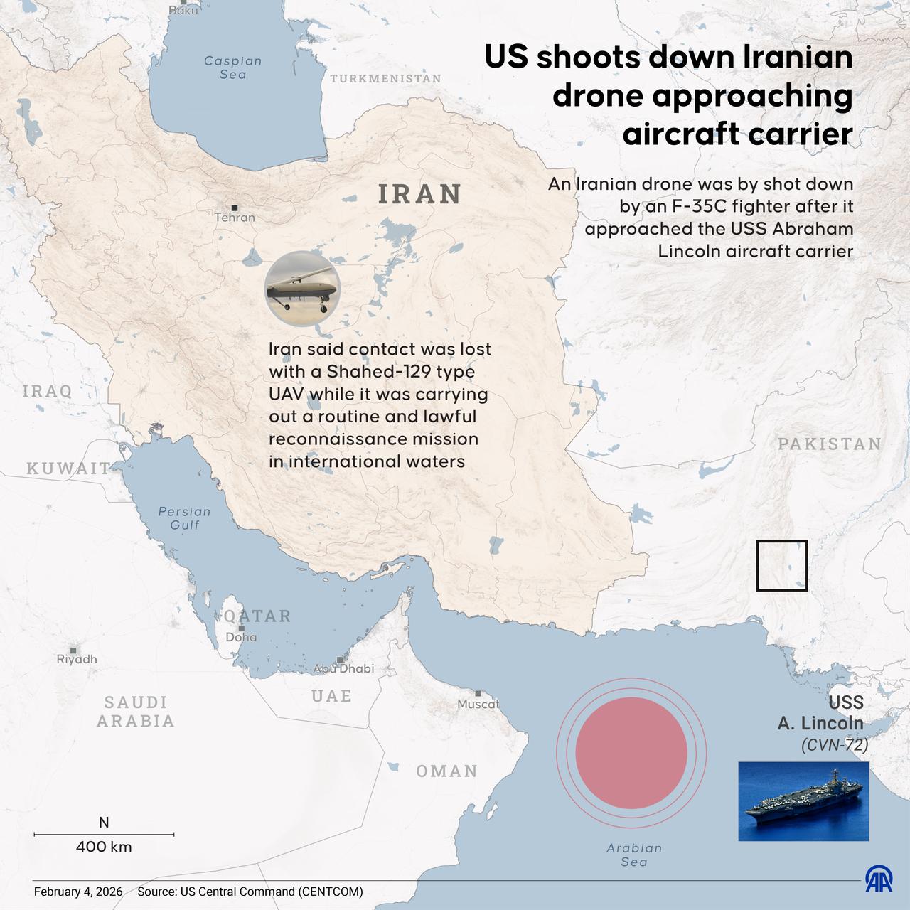 An infographic titled "US shoots down Iranian drone approaching aircraft carrier" created in Ankara, Türkiye on February 4, 2026. (AA Graphics)