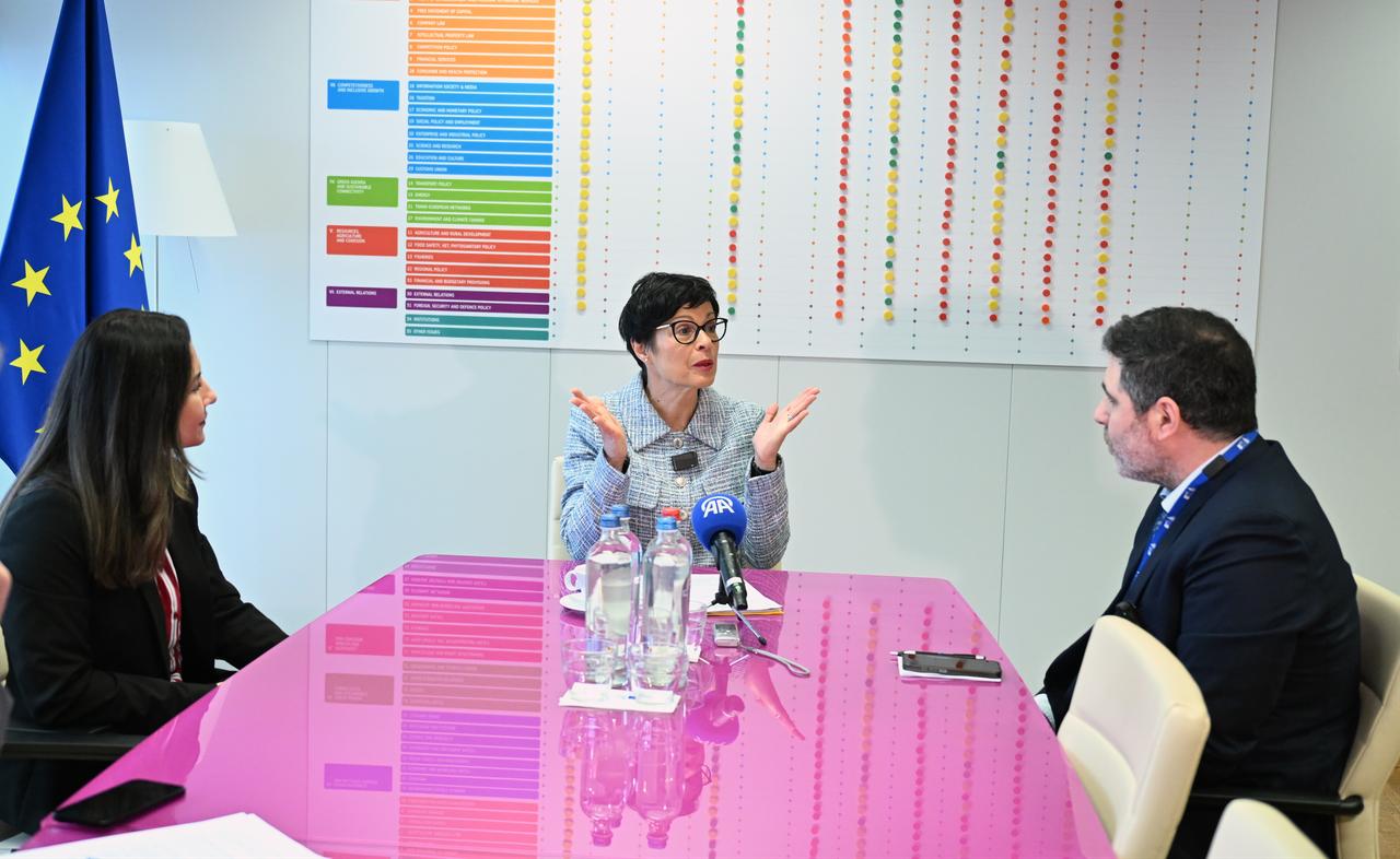 European Commissioner for Enlargement Marta Kos speaks during an exclusive interview ahead of her visit to Türkiye scheduled for February 5-6, in Brussels, Belgium, on February 03, 2026. (AA Photo)