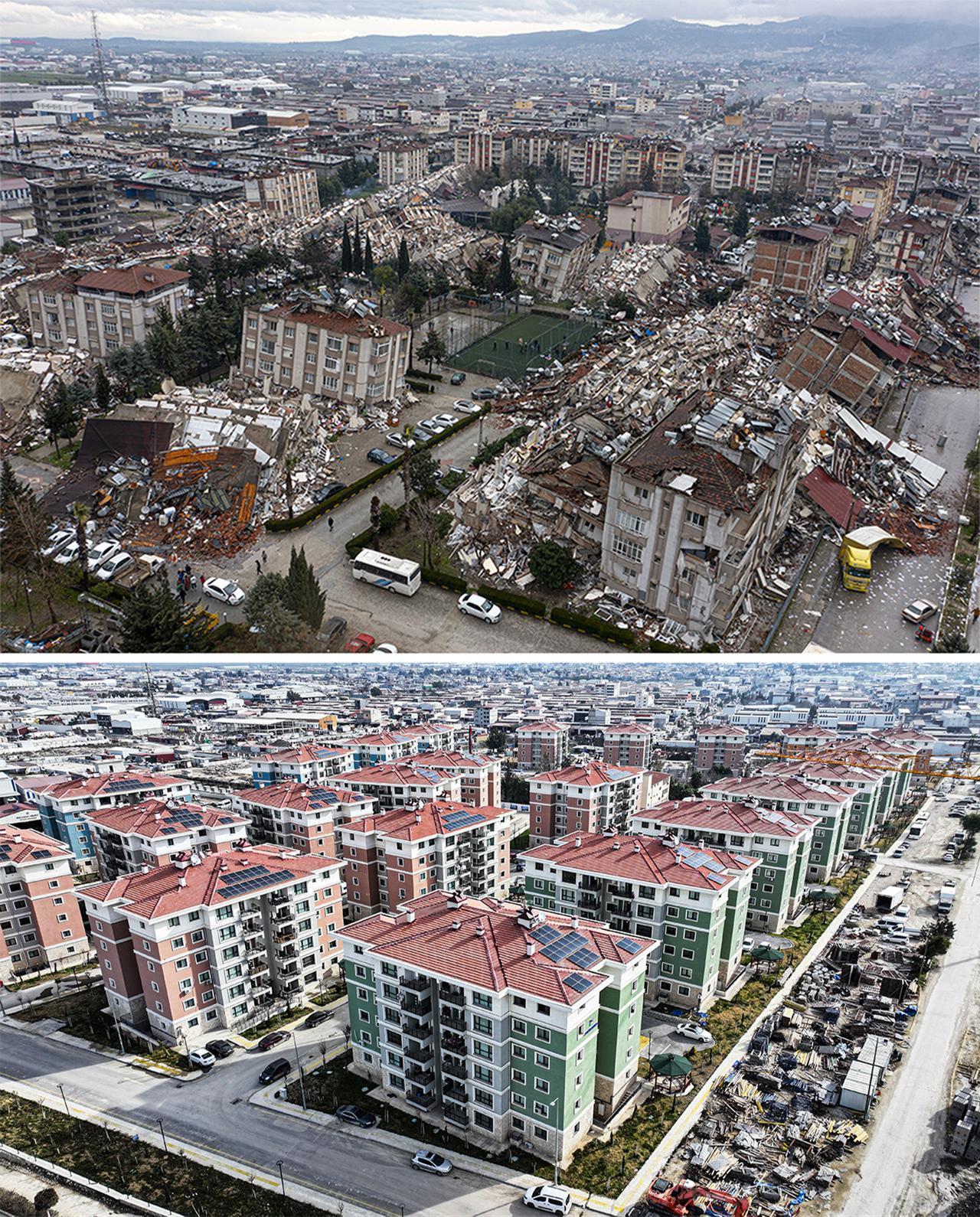 A side-by-side aerial comparison shows the city of Hatay, Türkiye, in the immediate aftermath of the February 6, 2023 earthquakes (top), and after large-scale reconstruction efforts by 2025 (bottom). (AA Photo)