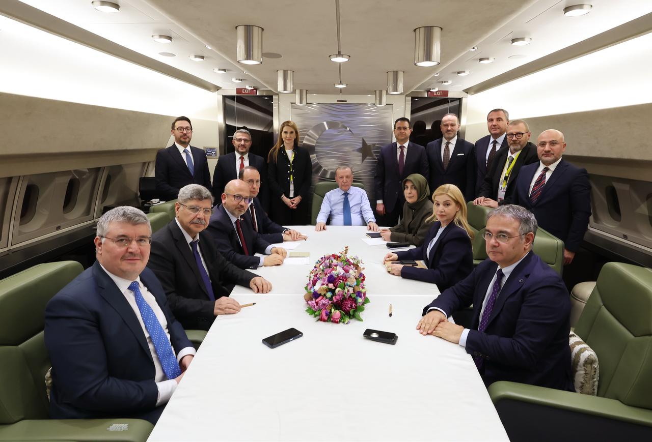 President Recep Tayyip Erdogan makes statements and answers questions from journalists on the plane during his return to Türkiye following visits to Saudi Arabia and Egypt, in Ankara, Feb. 4, 2026. (Photo via Turkish Presidency/Murat Cetinmuhurdar)