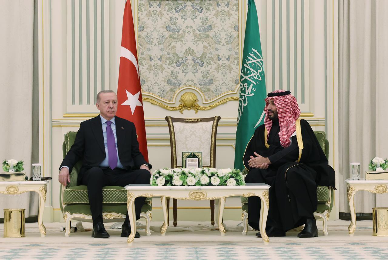 President Recep Tayyip Erdogan meets with Saudi Arabia Crown Prince Mohammed bin Salman in Riyadh, Saudi Arabia, Feb. 3, 2026. (Photo via Turkish Presidency/Murat Cetinmuhurdar)