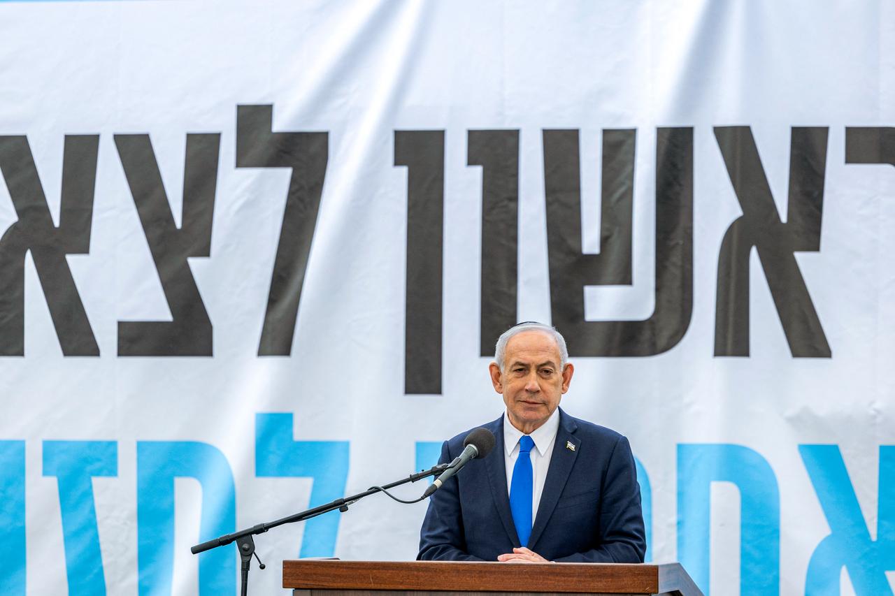 Israel's Prime Minister Benjamin Netanyahu speaks during the funeral of Israeli hostage Ran Gvili in the southern town of Meitar on January 28, 2026. (AFP Photo)