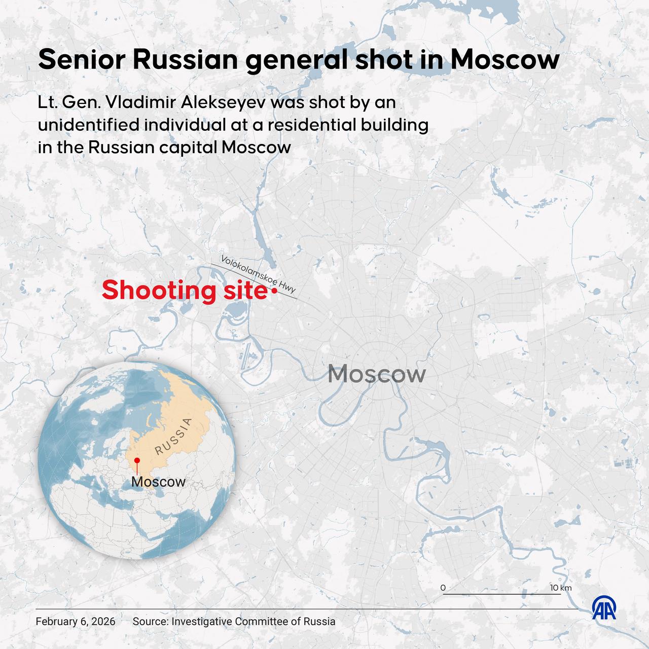 An infographic titled "Senior Russian general shot in Moscow" created in Ankara, Türkiye on Feb. 6, 2026. (AA Graphics)