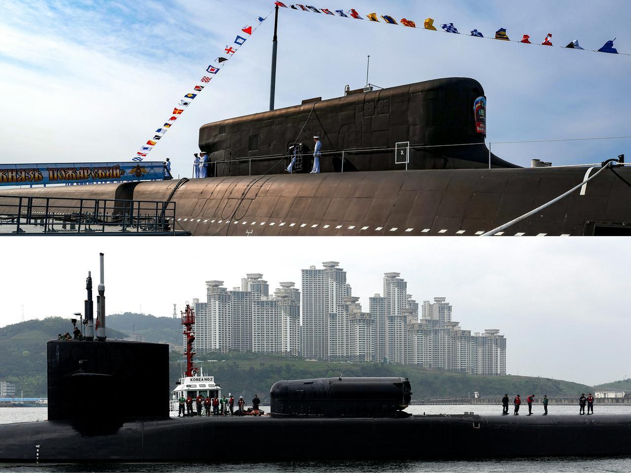 A combination of file photos shows Russia’s Knyaz Pozharsky nuclear submarine (top) during a flag-raising ceremony in Severodvinsk, July 24, 2025, and the U.S. Navy’s USS Michigan submarine (bottom) arriving in Busan, South Korea, April 25, 2017. (AFP Photo)