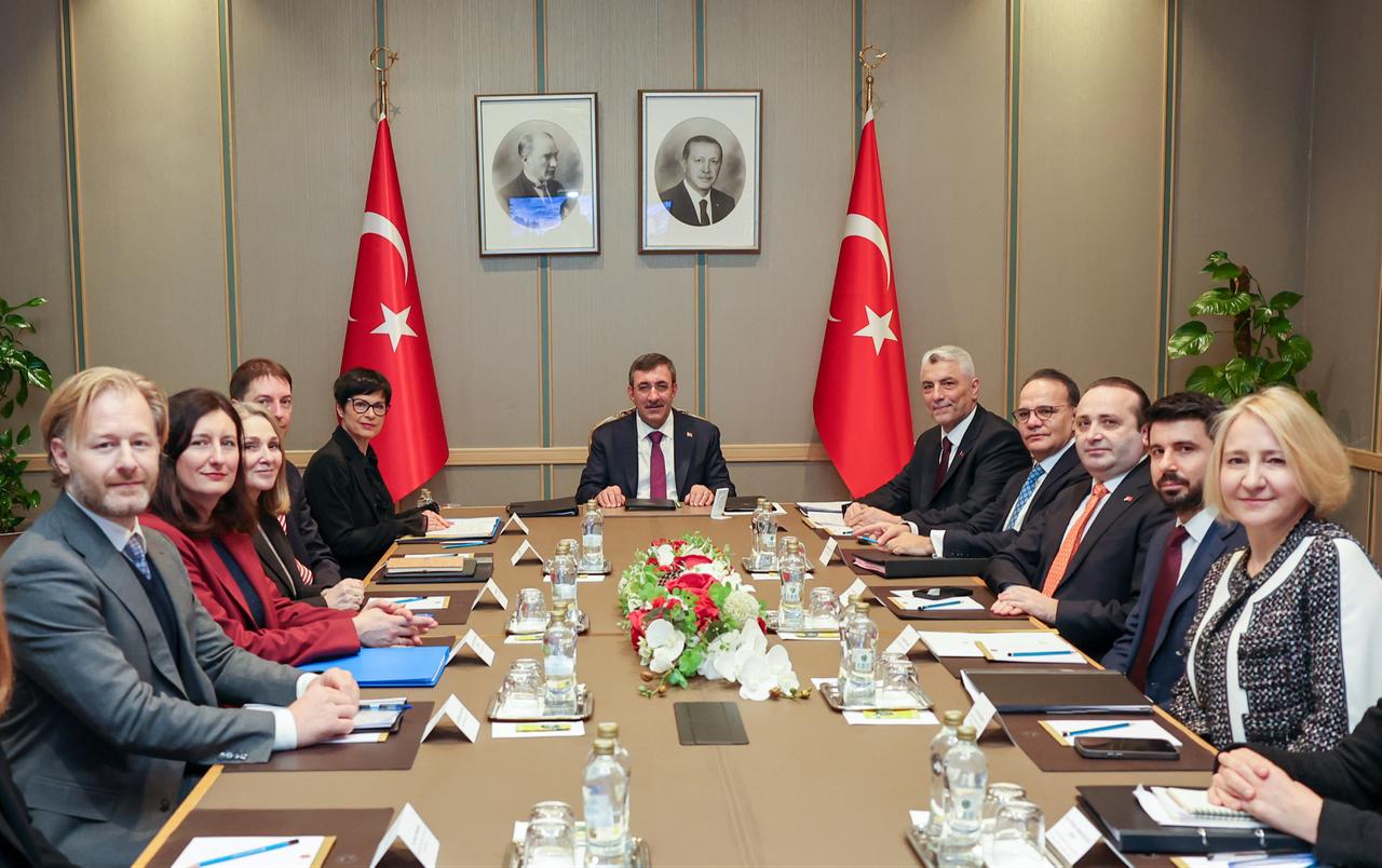 Vice President Cevdet Yilmaz (C) received Marta Kos (5th L), the European Union (EU) Commissioner for Enlargement, and her accompanying delegation at the Presidential Complex in Ankara, Türkiye on February 6, 2026. (AA Photo)