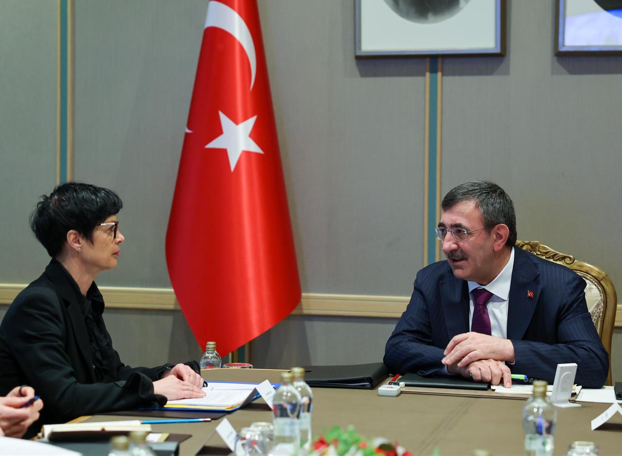 Vice President Cevdet Yilmaz (R) received Marta Kos, the European Union (EU) Commissioner for Enlargement, and her accompanying delegation at the Presidential Complex in Ankara, Türkiye on February 6, 2026. (AA Photo)