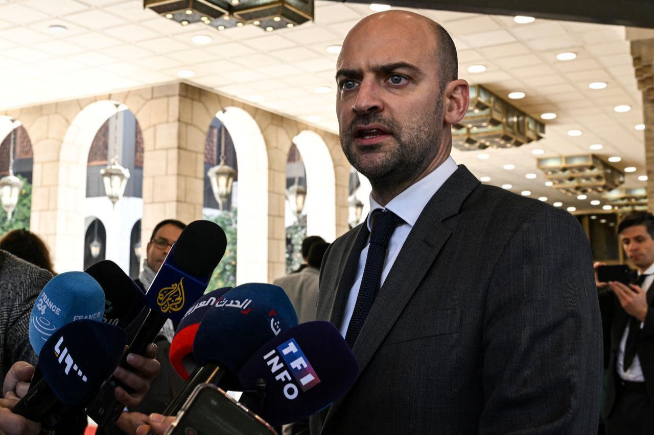 French Foreign Minister Jean-Noel Barrot speaks to the press during his visit with the Syrian Foreign Minister in the Syrian capital Damascus, Feb. 5, 2026. (AFP Photo)