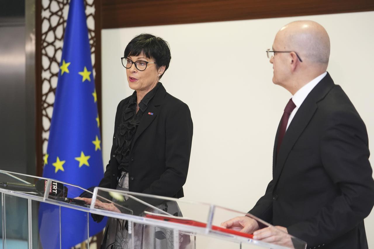 European Commissioner for Enlargement Marta Kos and Turkish Treasury and Finance Minister Mehmet Simsek speak at a joint press conference in Ankara, Türkiye, Feb. 6, 2026. (AA Photo)