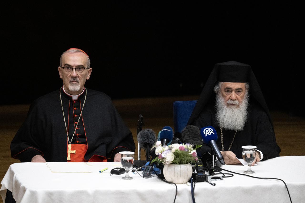 Jerusalems Catholic and Orthodox church leaders Greek Orthodox Patriarch Theophilos III (right) and Jerusalem Latin Patriarch Cardinal Pierbattista Pizzaballa (left) during a press conference held in occupied East Jerusalem on July 22, 2025. (AA Photo)