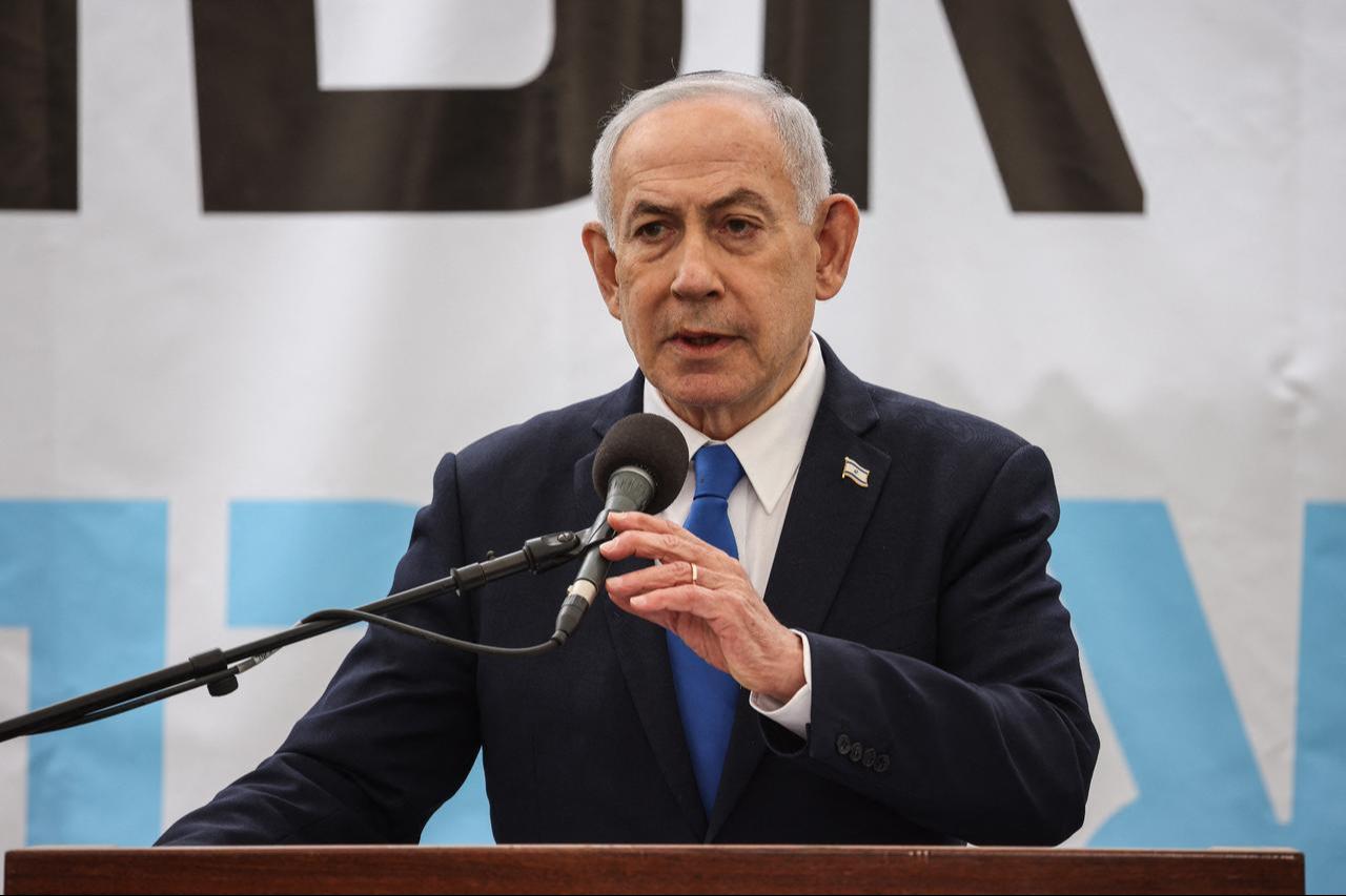 Israel's Prime Minister Benjamin Netanyahu delivers a speech during the funeral of Israeli hostage Ran Gvili, in the southern town of Meitar, Israel on January 28, 2026. (AFP Photo)