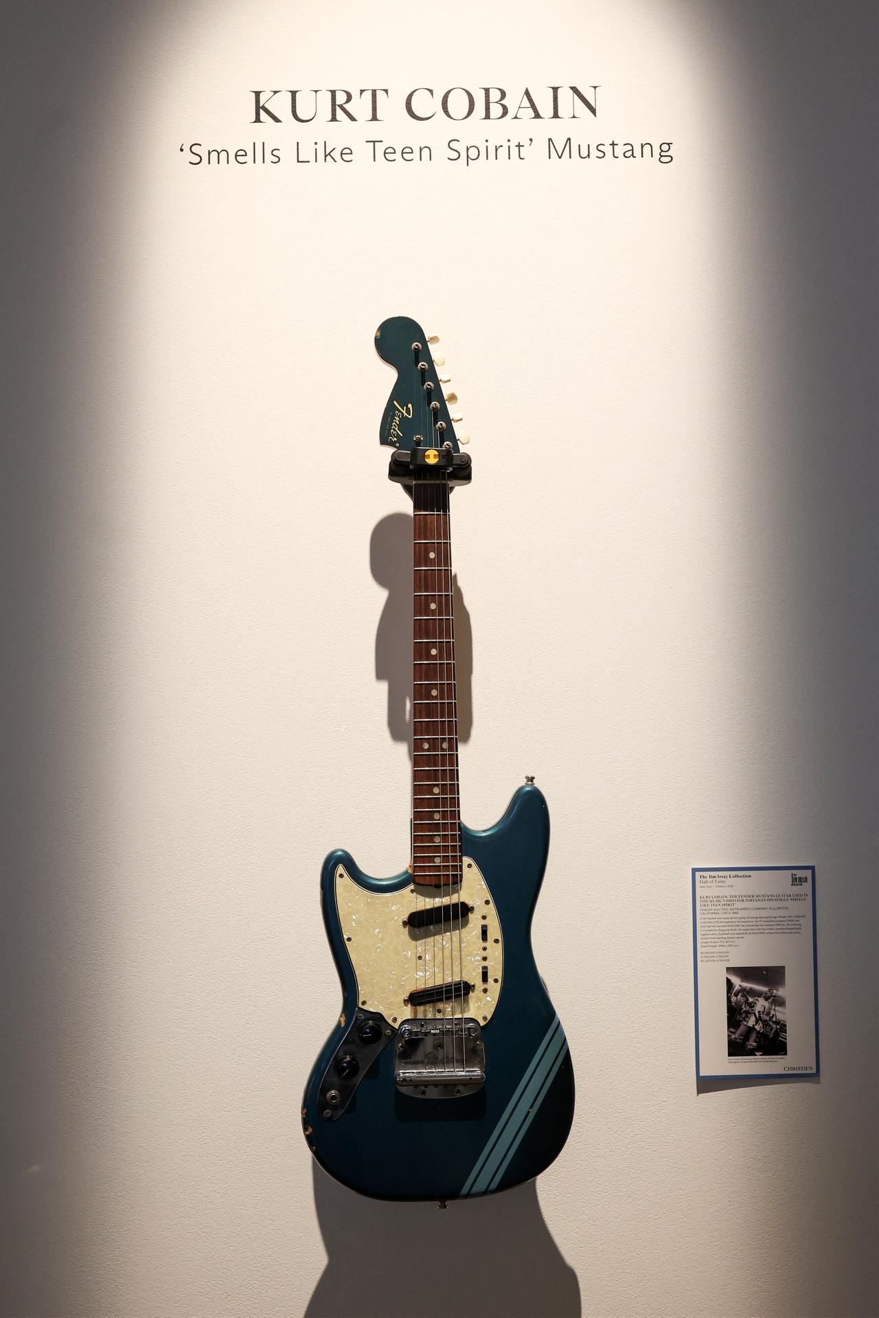Kurt Cobain’s 1966 Fender Mustang guitar is shown at a press preview of The Jim Irsay Collection at Christie’s in Beverly Hills, Los Angeles, February 5, 2026. (AFP Photo)