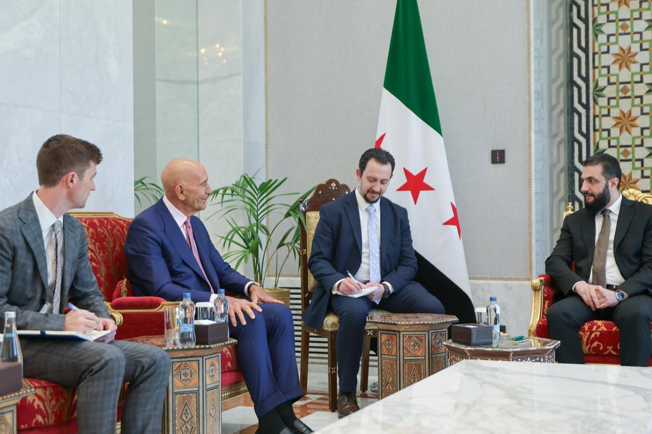 Syrian President Ahmed al-Sharaa receives the American delegation, led by Tom Barrack, at the People's Palace in Damascus, Syria on Feb. 4, 2026. (Photo via X/@SyPresidency)
