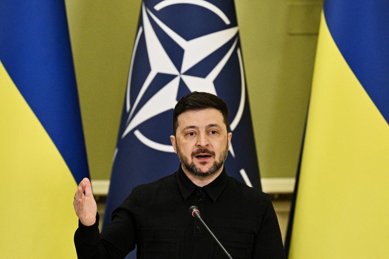 Ukraine's President Volodymyr Zelenskyy gestures as he delivers a press conference with Secretary General of NATO following their meeting in Kyiv, Feb. 3, 2026. (AFP Photo)