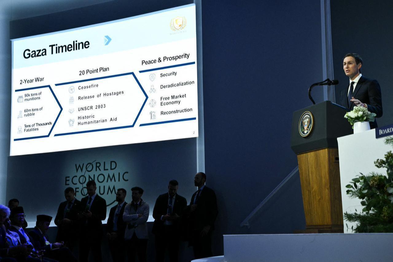 US businessman Jared Kushner speaks as a "Gaza Timeline" is displayed on a giant screen at the "Board of Peace" meeting during the World Economic Forum (WEF) annual meeting in Davos, Jan. 22, 2026. (AFP Photo)