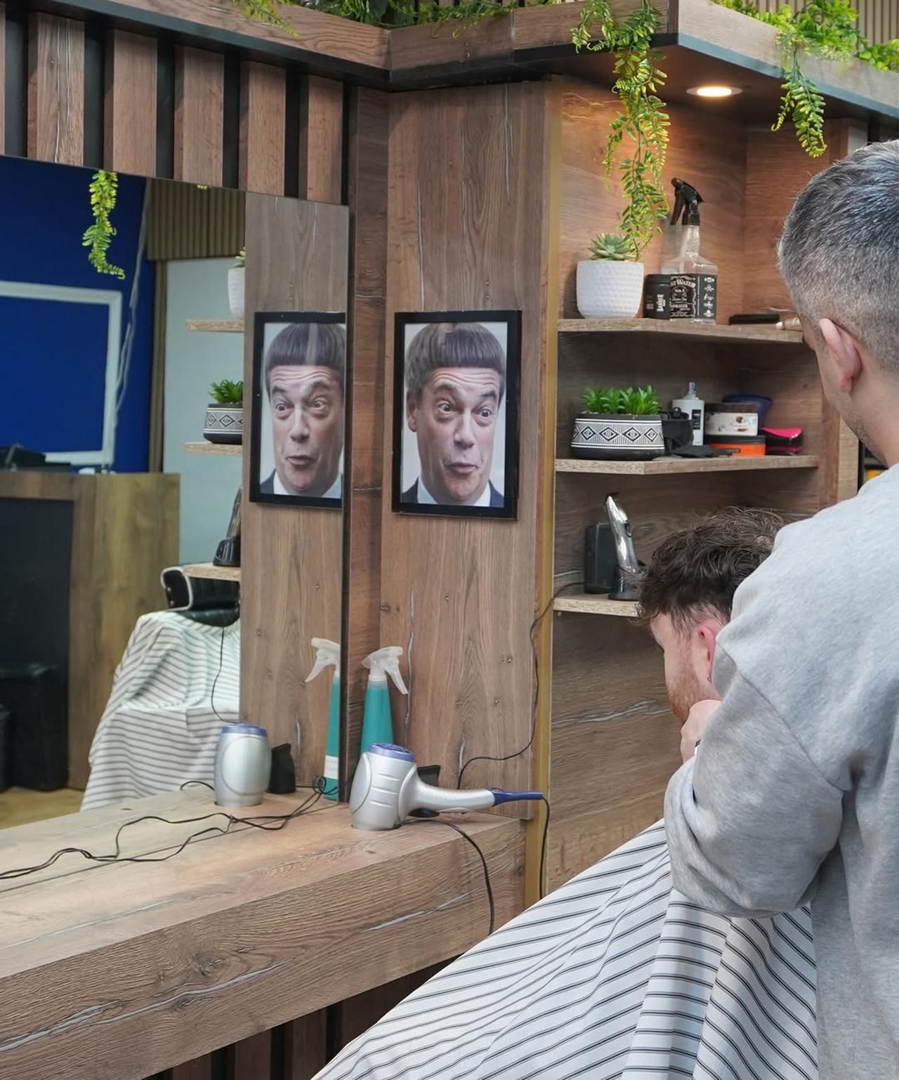 The photo shows the G11 Turkish barbershop with pictures of Nigel Farage's extravagant hairstyle. (Photo via Instagram/the.rebel.bear)