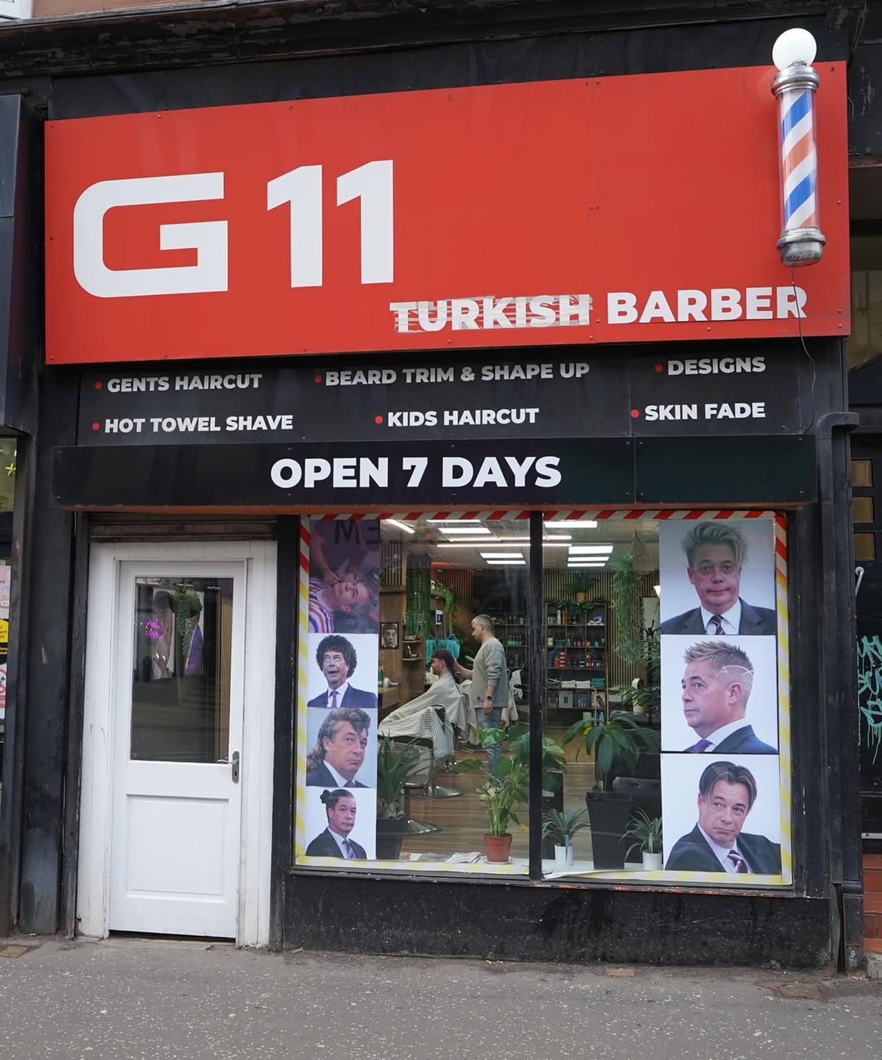 The photo shows the G11 Turkish barbershop with pictures of Nigel Farage's extravagant hairstyles in the window. (Photo via Instagram/the.rebel.bear)
