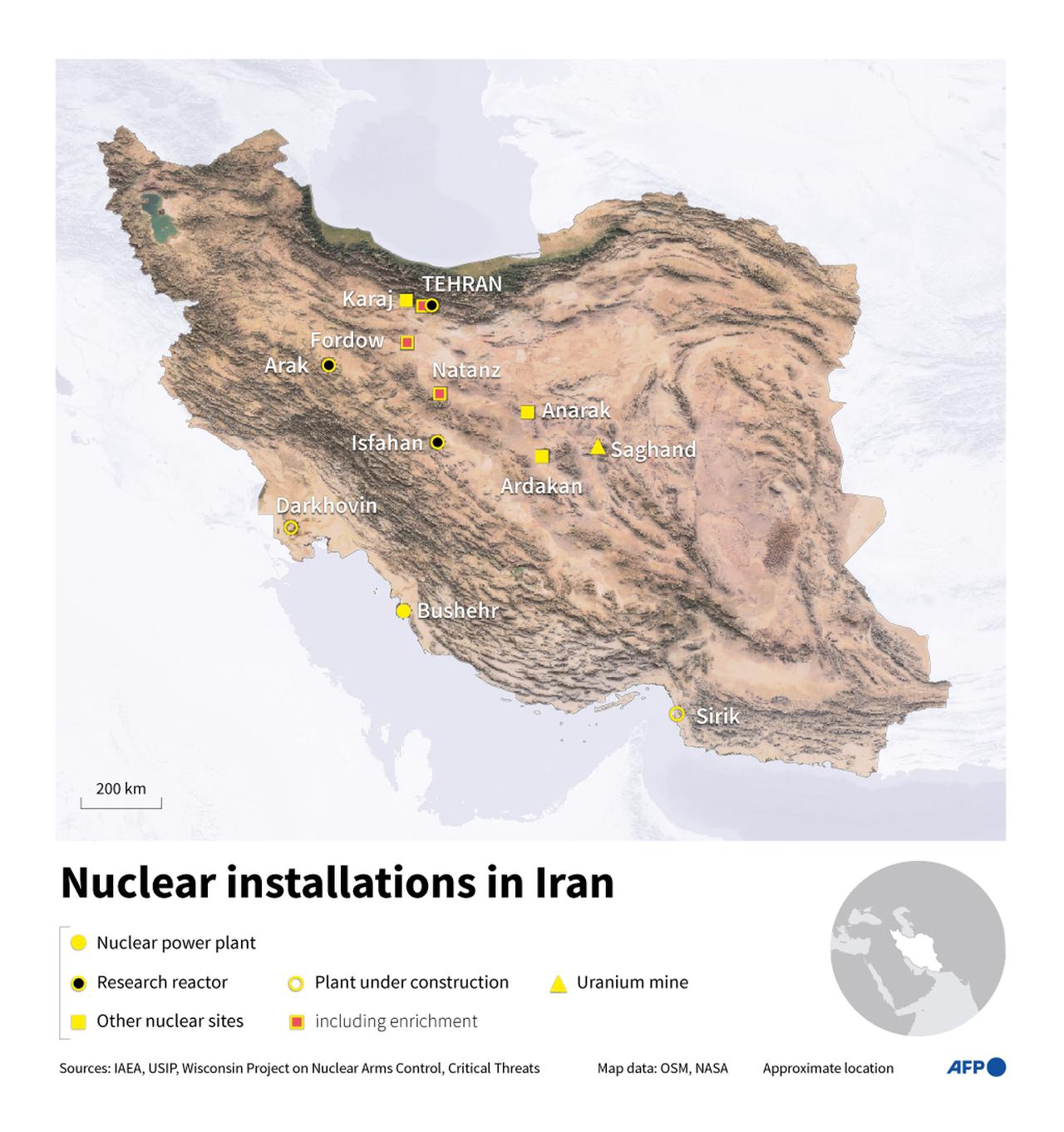 Infographic with a map of Iran showing nuclear sites, reactors, and uranium mines. (AFP Infographic)