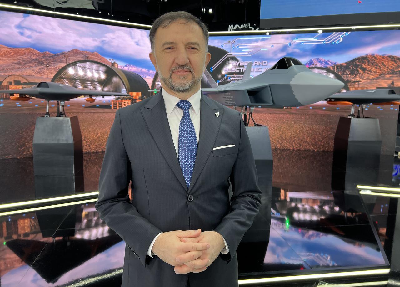 TAI General Manager Mehmet Demiroglu, at the stand along with KAAN fighter jet and ANKA III UAVs, at World Defense Show in Riyadh, Saudi Arabia, Feb. 8, 2026. (AA Photo)