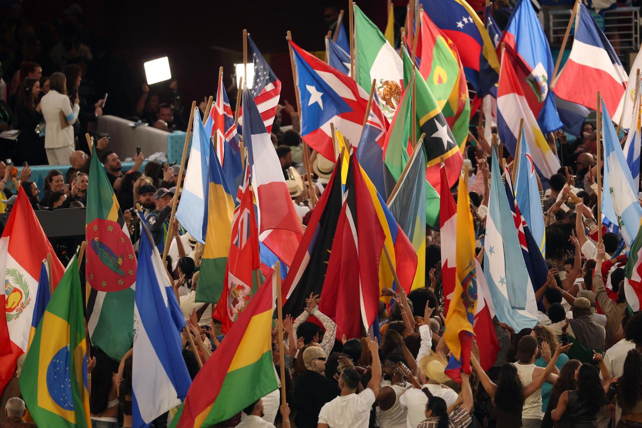 Performers wave the flags of sovereign countries in the Americas at the conclusion of Puerto Rican singer Bad Bunny performance during Super Bowl LX, Santa Clara, United States, February 8, 2026. (AFP Photo)