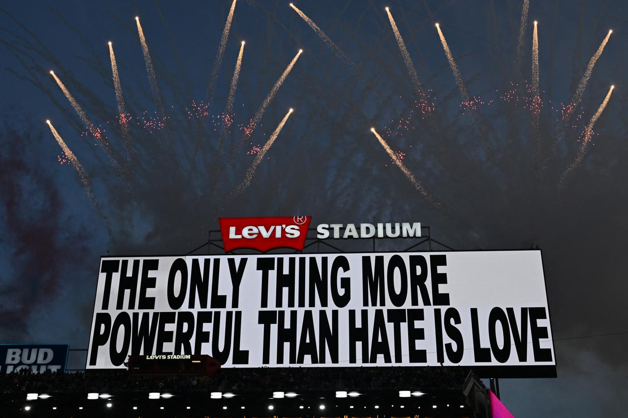 A message is displayed while Puerto Rican singer Bad Bunny performs during the Super Bowl LX, Santa Clara, United States, February 8, 2026. (AFP Photo)