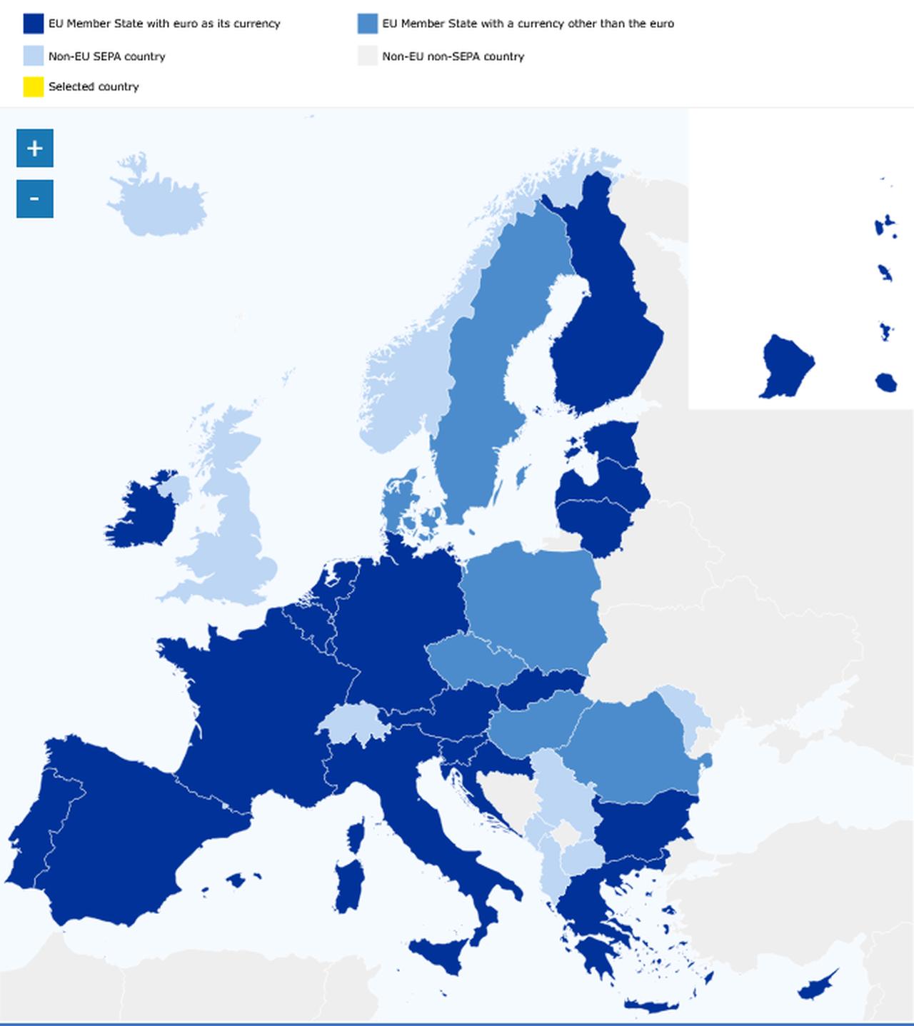 The map shows the countries that are part of the Single Euro Payments Area (SEPA). (Photo via ecb.europa.eu)